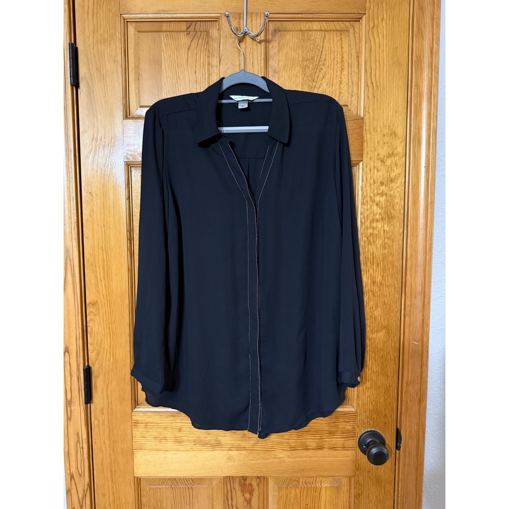 christopher & banks womens black long sleeve button down shirt blouse top L
